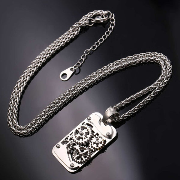 GIANTTO LEGACY COLLECTION BLACK STEEL WATCH GEAR DOG TAG PENDANT & CHAIN