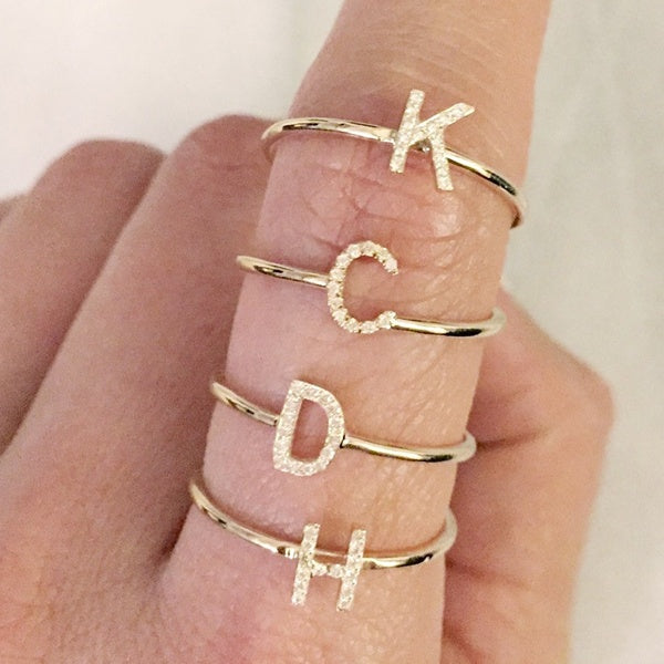 Initial Diamond Ring 14k Solid Gold