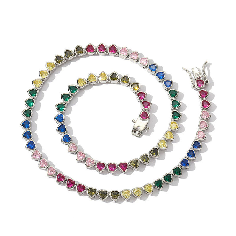 MULTICOLOR BEZEL SET HEART TENNIS NECKLACE