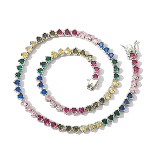 MULTICOLOR BEZEL SET HEART TENNIS NECKLACE