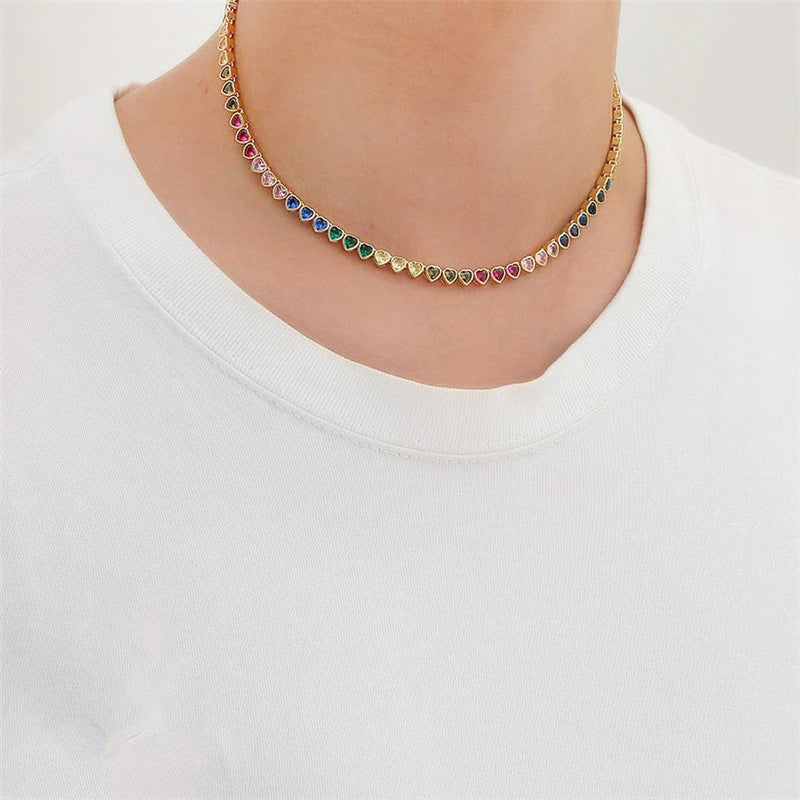 MULTICOLOR BEZEL SET HEART TENNIS NECKLACE