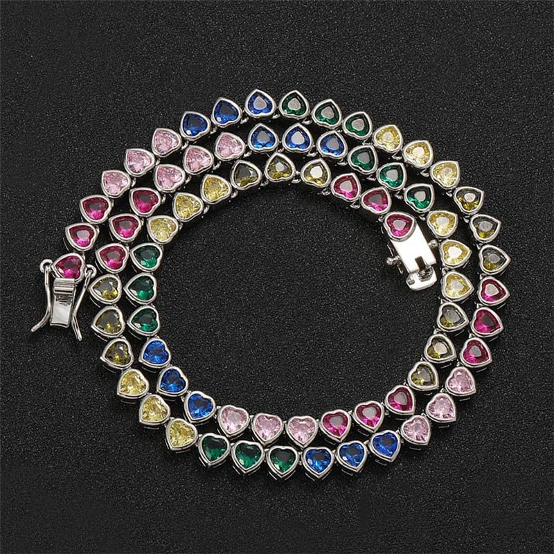 MULTICOLOR BEZEL SET HEART TENNIS NECKLACE