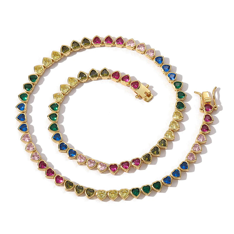 MULTICOLOR BEZEL SET HEART TENNIS NECKLACE